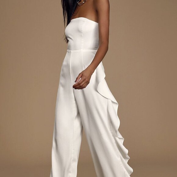 NWT Lulus Cascading Love White Strapless Ruffled Wide-Leg Jumpsuit - Picture 2 of 8